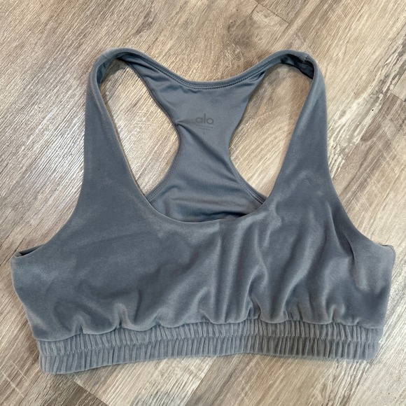 Alo Yoga Velour Racerback Sports Bra Women Large Crop Top Light Blue - Picture 2 of 3
